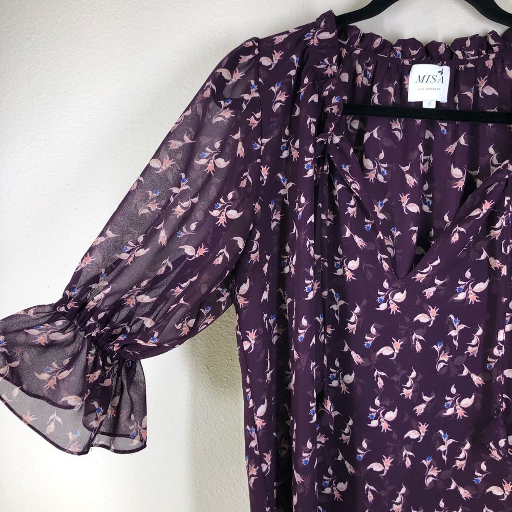MISA Los Angeles Top Purple Floral Blouse Short Sleeve Shirt V Neck Sheer Small - Picture 2 of 8